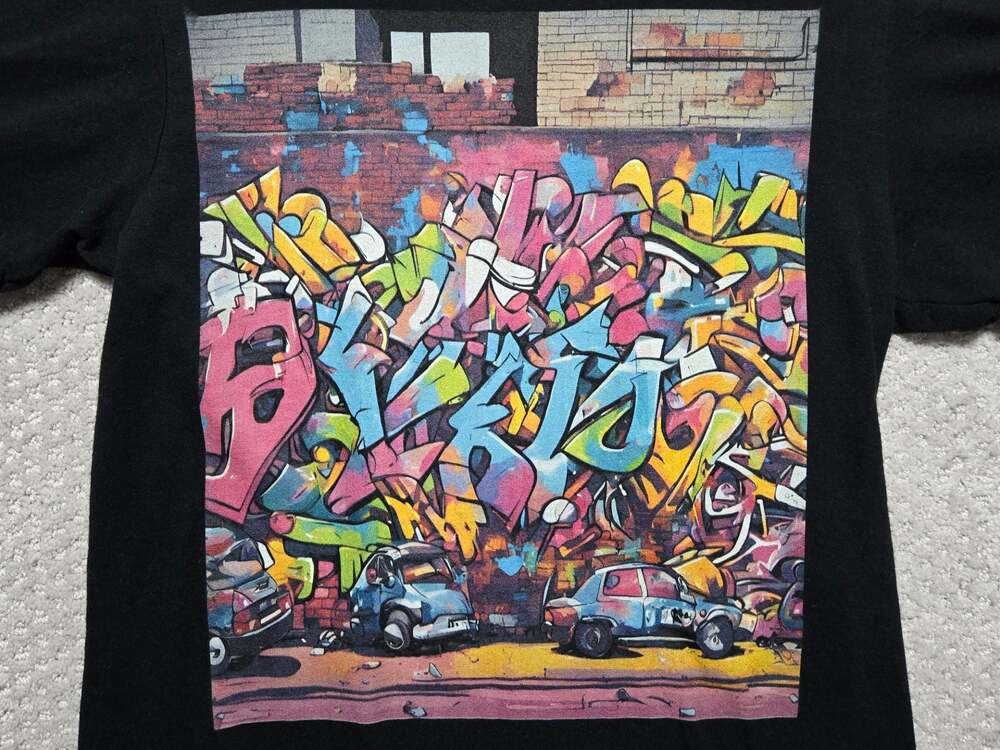 Gildan Softstyle Black T-Shirt Colorful Graffiti Street Art Wall Graphic Print